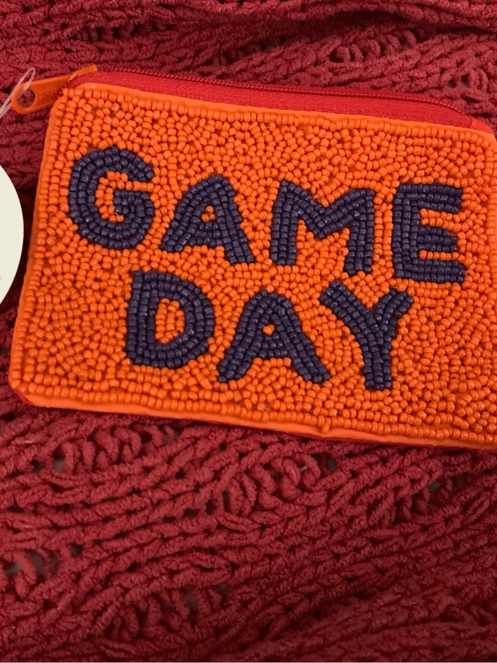 Orange Beaded Pouch with Navy Lettering
